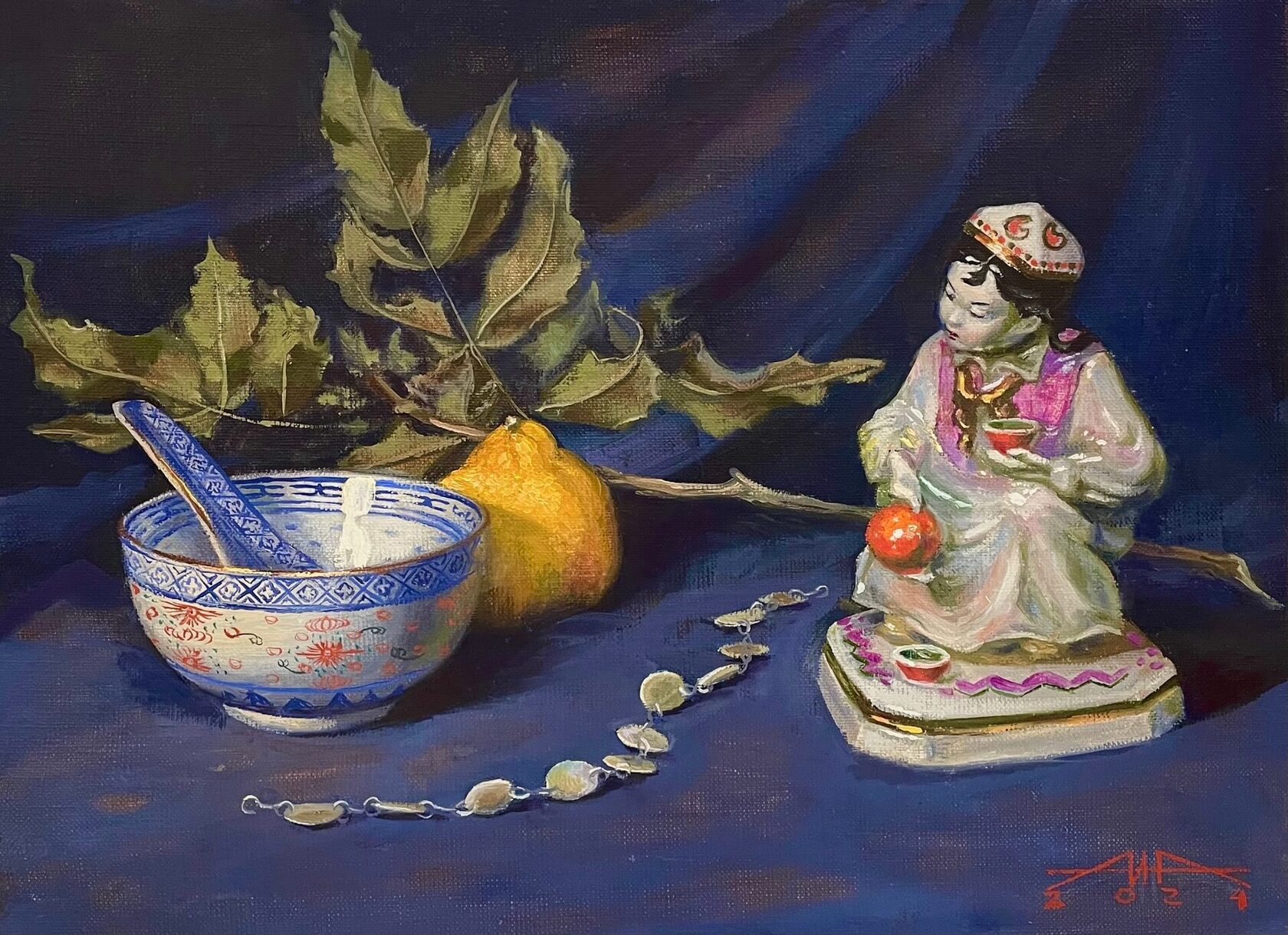 Still life, oil painting, oil on canvas, oriental still life, still life with a porcelain figurine, art, realism, creativity, interior painting, original artwork.