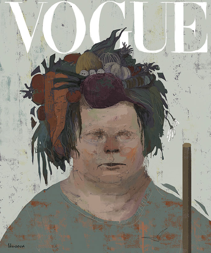 sad tired woman vegetables borsch on head vogue cover magazine green gray beet carrot