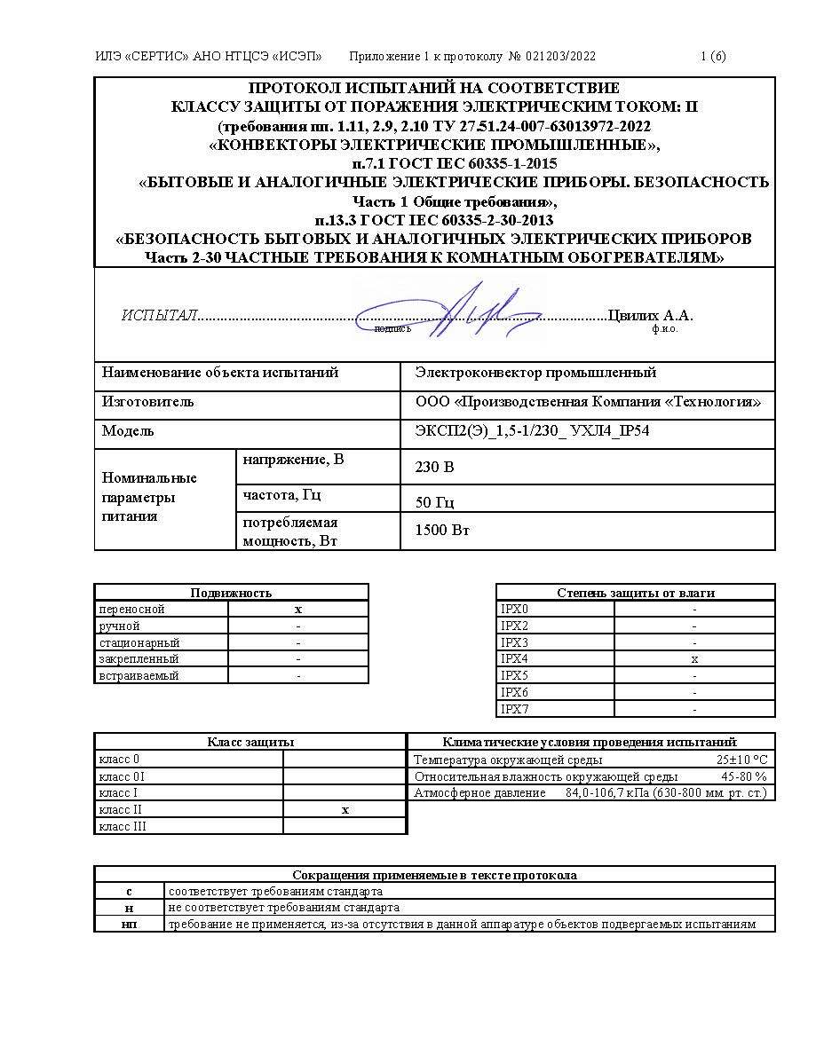 Протокол испытаний II-ой класс электробезопасности конвекторов ЭКСП2 и ...