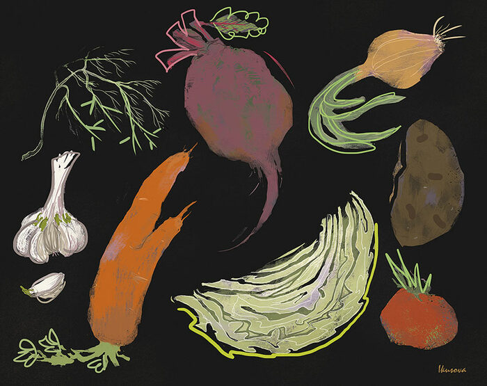vegetables on black background carrot cabage onion garlic tomato dill beet