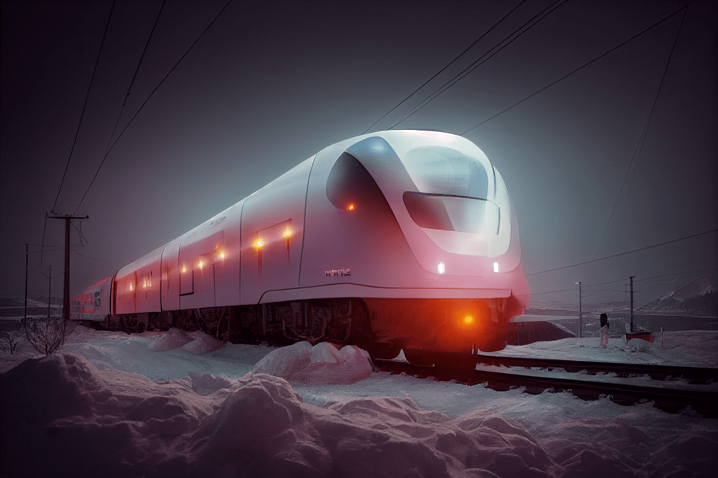 a futuristic train arrives to magadan city, snow and hills around