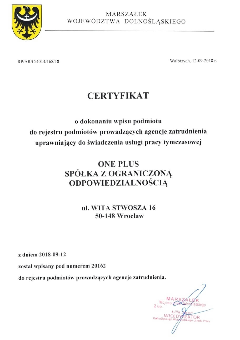 Certyfikat rzetelności ONE PLUS Sp. z o.o.