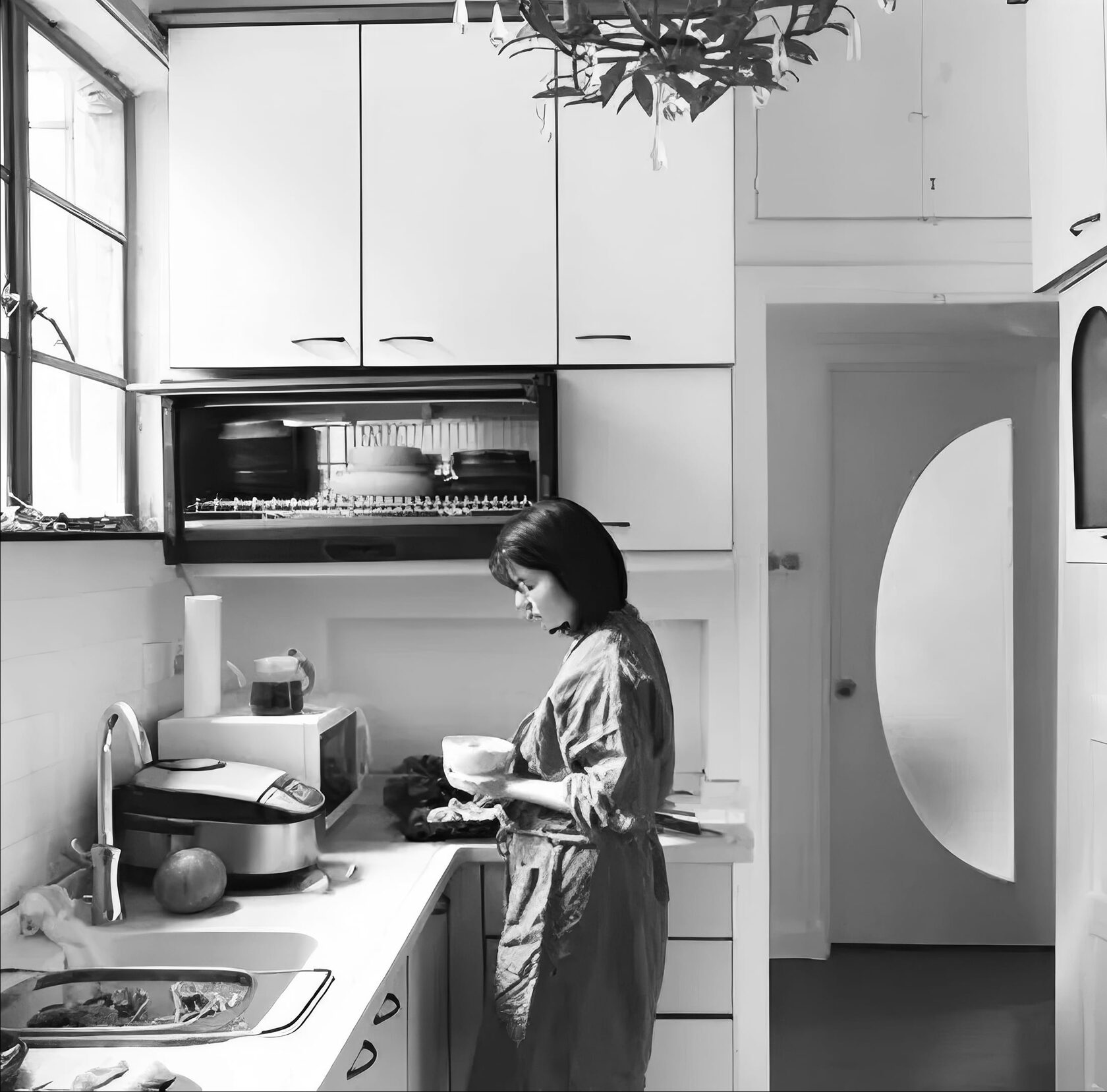 Чёрно-белая фотография женщины на кухне, готовящей еду. Она стоит у рабочего стола, держа в руках миску, вокруг неё расположены кухонные приборы и продукты, такие как овощи и чайник. Слева видны большое окно, пропускающее дневной свет, и открытая сушилка для посуды. Интерьер кухни выполнен в минималистичном светлом стиле, с подвесным светильником наверху. Атмосфера снимка уютная, домашняя. 