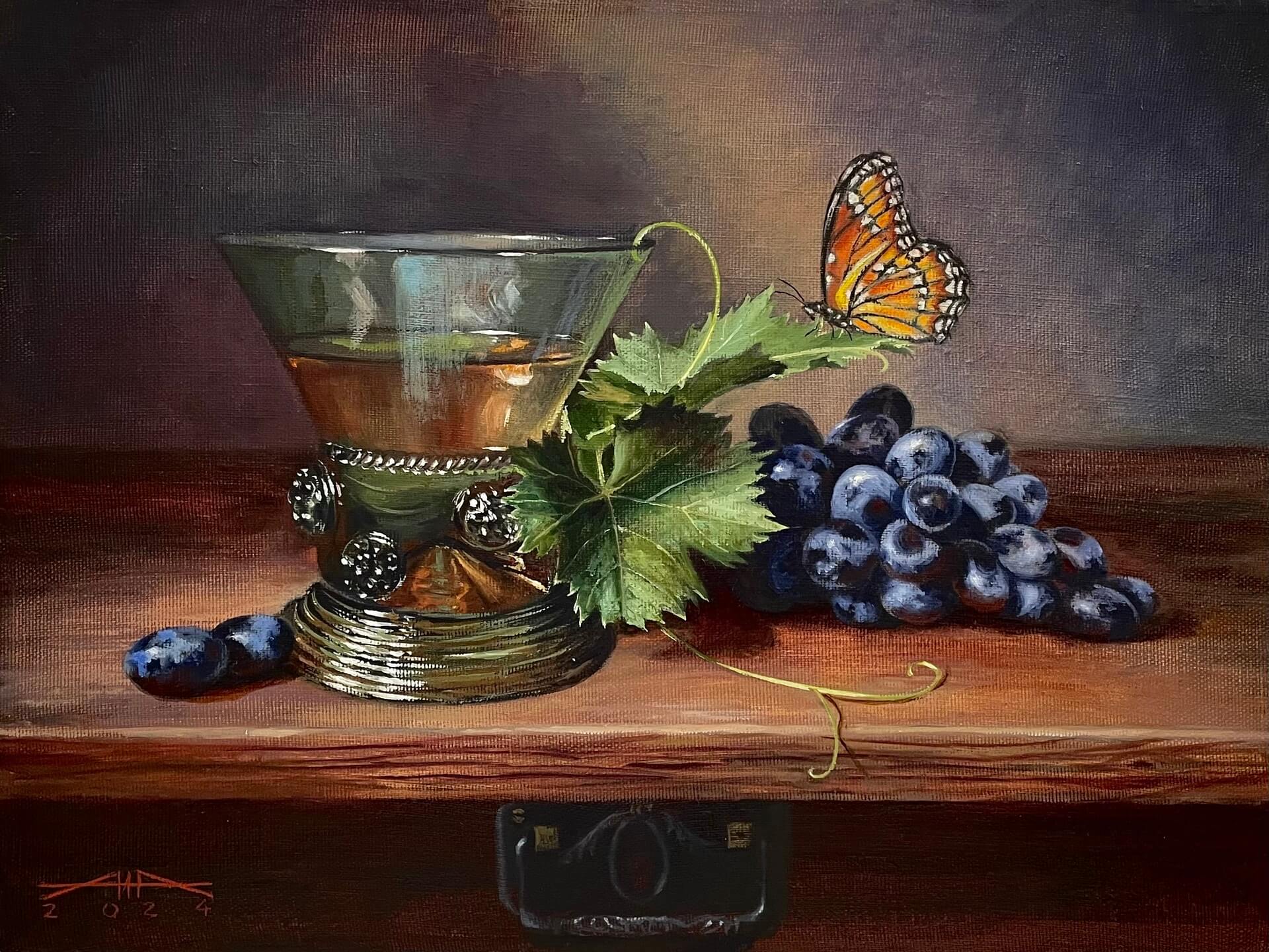 Still life, oil painting, oil on canvas, still life with grapes, still life with a butterfly, Dutch still life, art, realism, creativity, interior painting, original artwork.