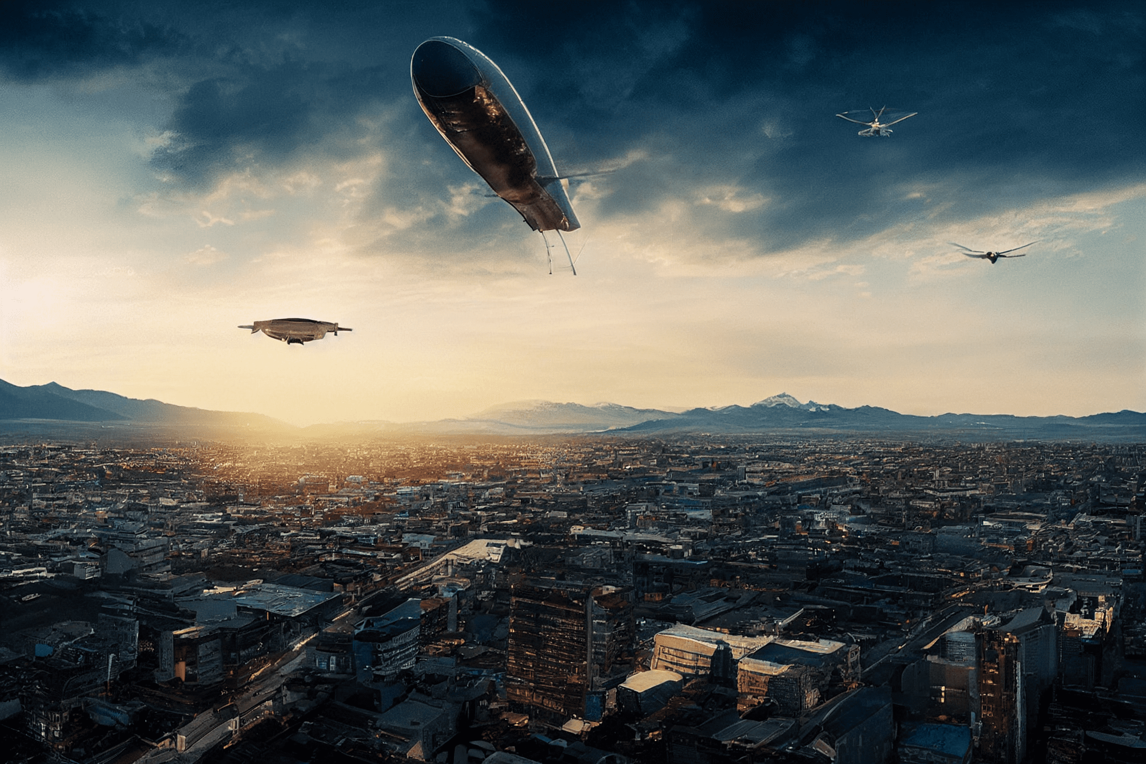 a big zeppelin flying above Magadan city, Ultra-Wide Angle, Drone Footage, intricate, high detail, cinematic lighting, hyper-realistic