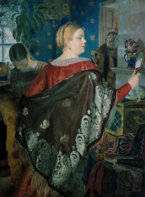 Б. М. Кустодиев. Купчиха с зеркалом, 1920. Холст, масло. 141 x 108 см. Государственный Русский музей, Санкт-Петербург