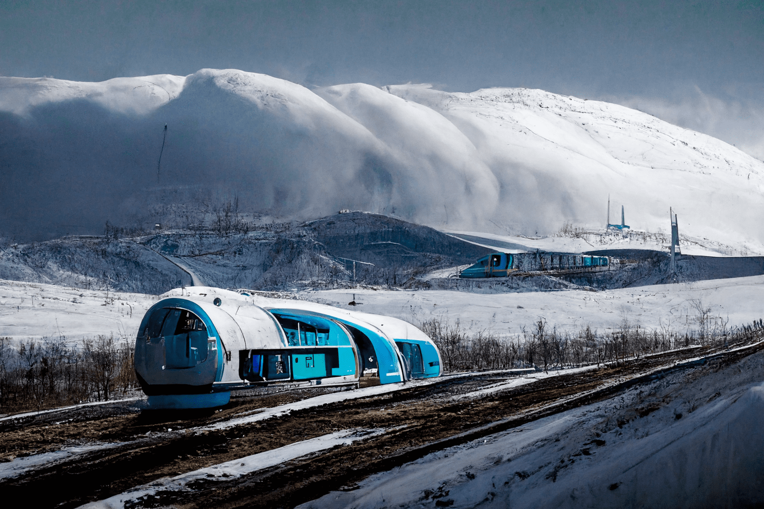 a futuristic train arrives to magadan city, snow and hills around