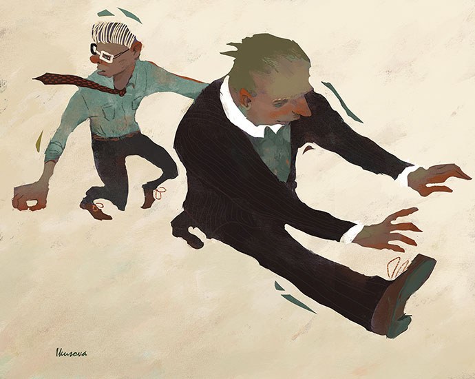 two office men run fast hands forward business suit tie glasses white shirt blonde hair
