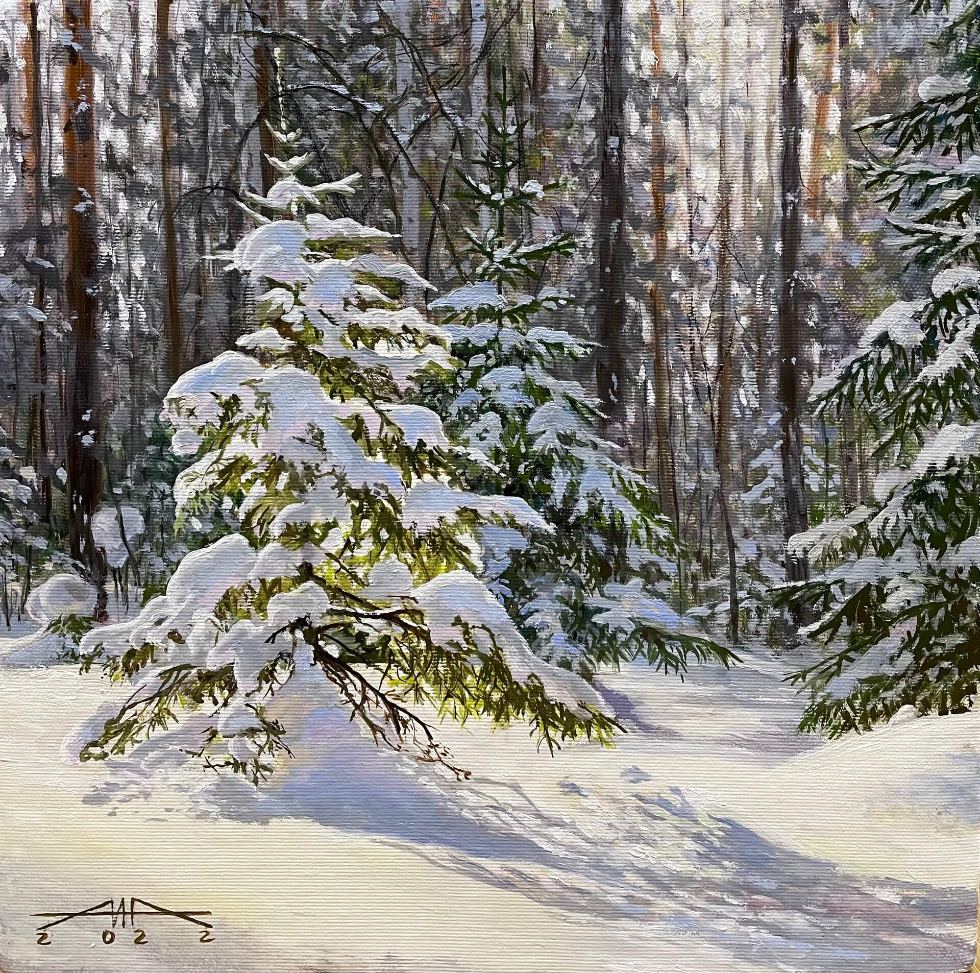 Winter landscape, oil painting, nature, snow, forest landscape, landscape with a fir tree, fir tree in winter, forest fir tree, art, interior painting, original artwork.