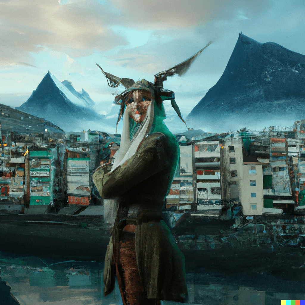 A portrait of an elf in Magadan city, soviet apartments and mountains in the background, fantasy dreamy style