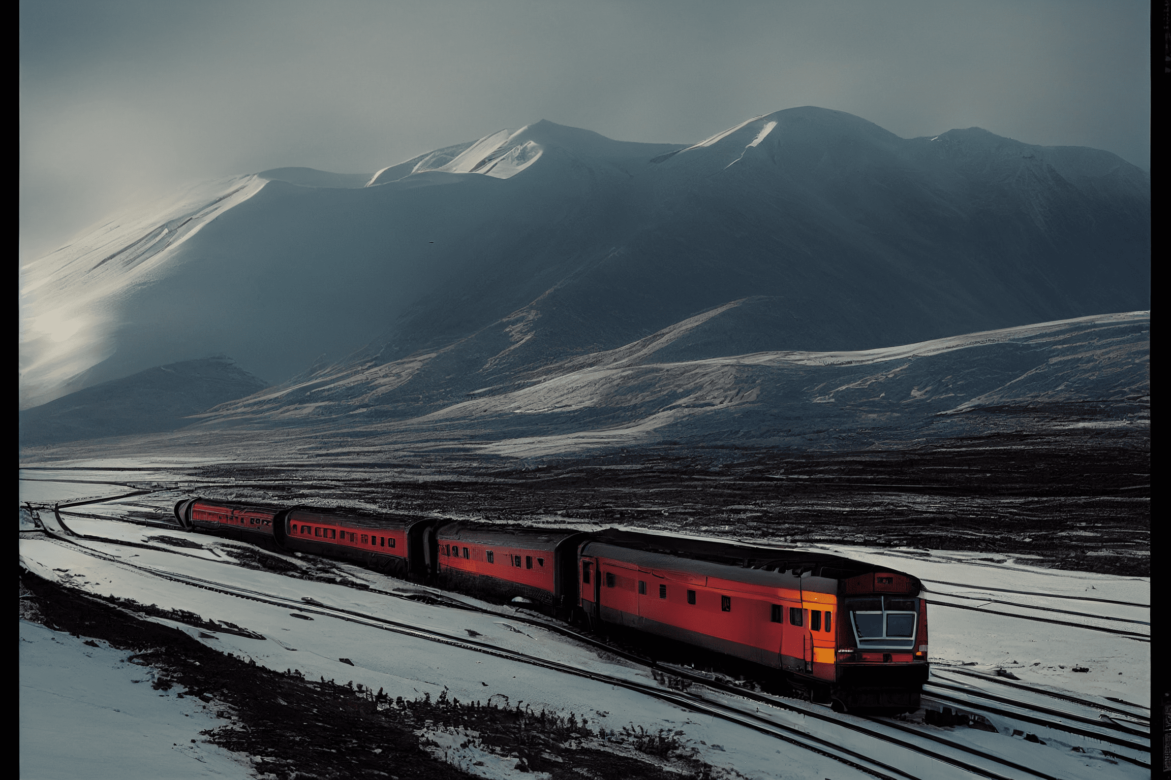 a modern japanese train moving through tundra, magadan region, snow and mountains around, ultra wide shot