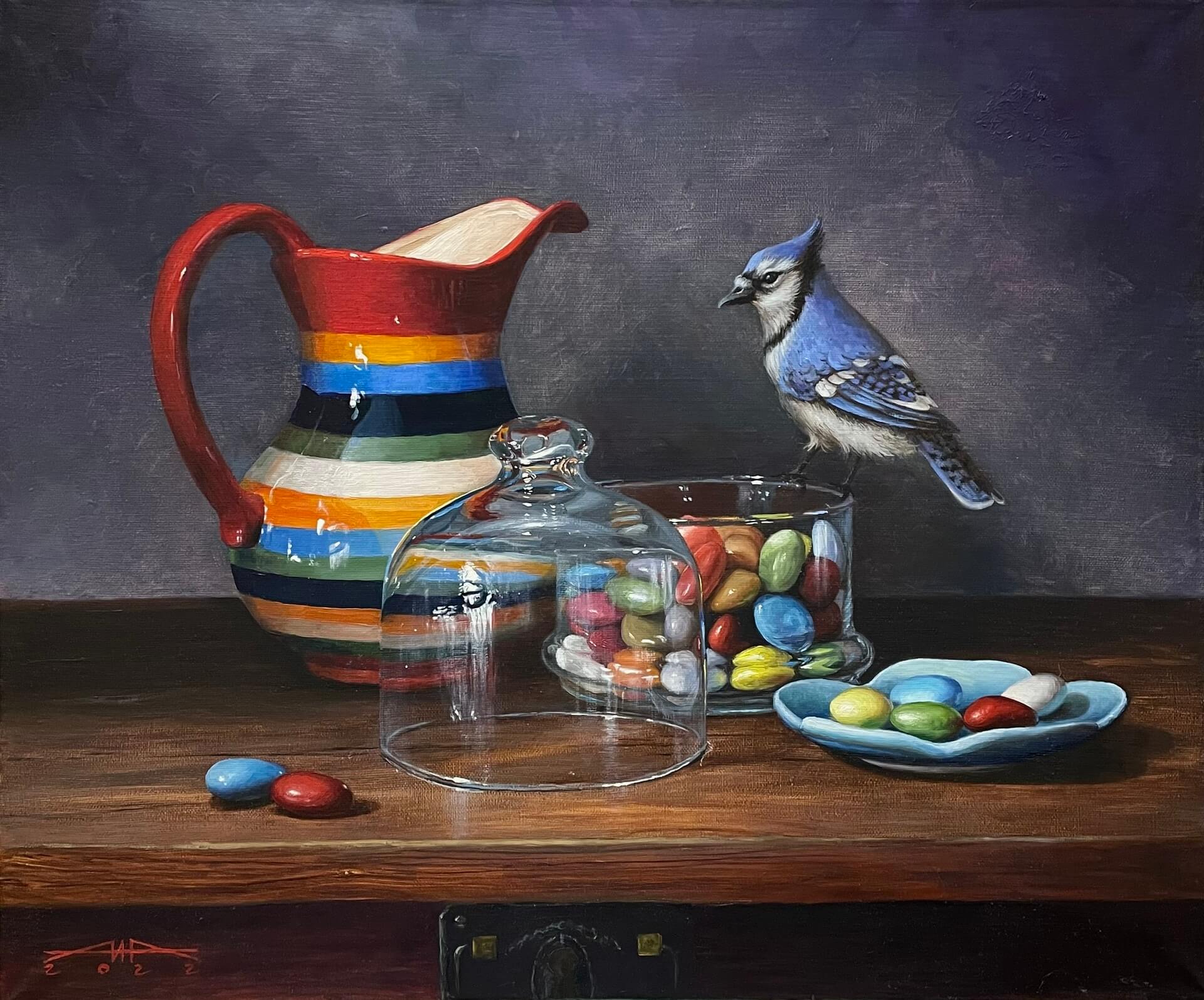 Still life, oil painting, sweets, candies, oil on canvas, still life with candies, still life with birds, art, realism, creativity, interior painting, original artwork