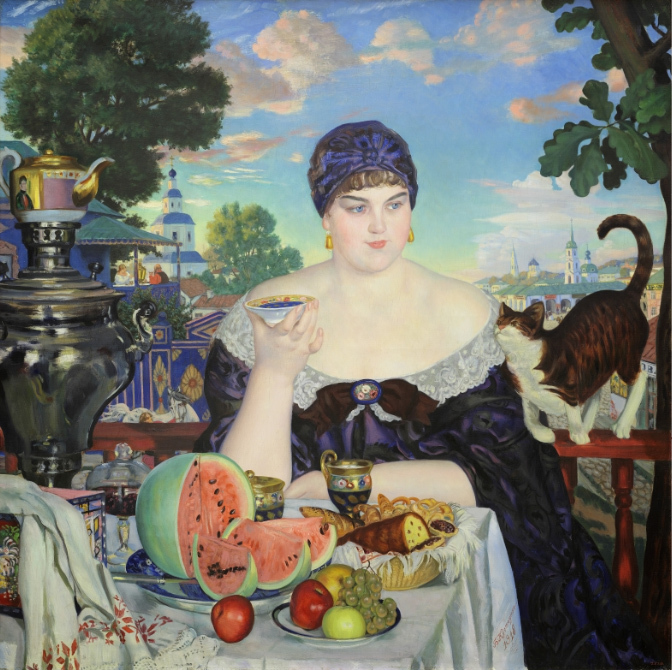 Б. М. Кустодиев. Купчиха за чаем, 1918. Холст, масло. 120 x 120 см. Государственный Русский музей, Санкт-Петербург