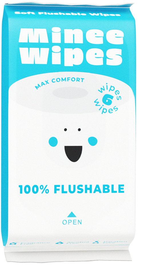 Blue Minee Wipes mini pack labeled 100% Flushable – biodegradable travel wipes.