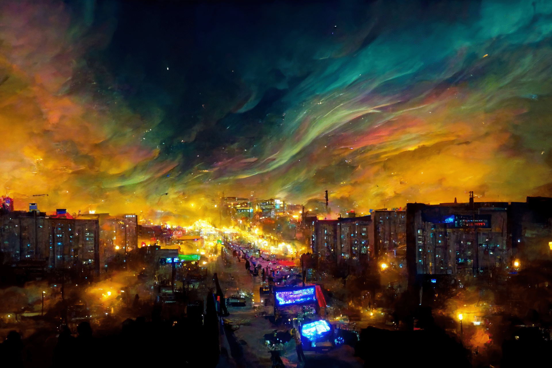 a night ultrawide drone view on Magadan city, Lenina Street, impressionist style, very colorful 