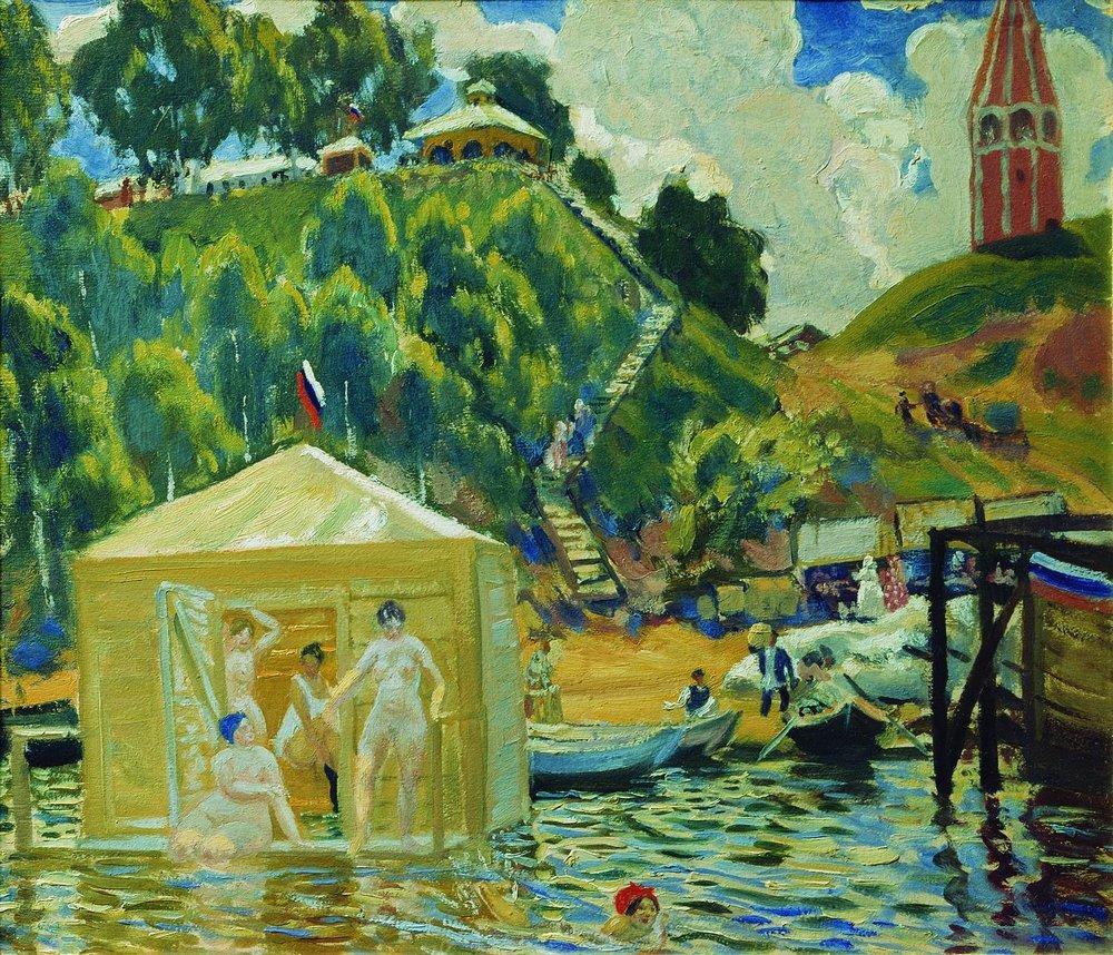 Б. М. Кустодиев. Купание, 1912. Фанера, масло. 35х40 см. Государственный Русский музей, Санкт-Петербург