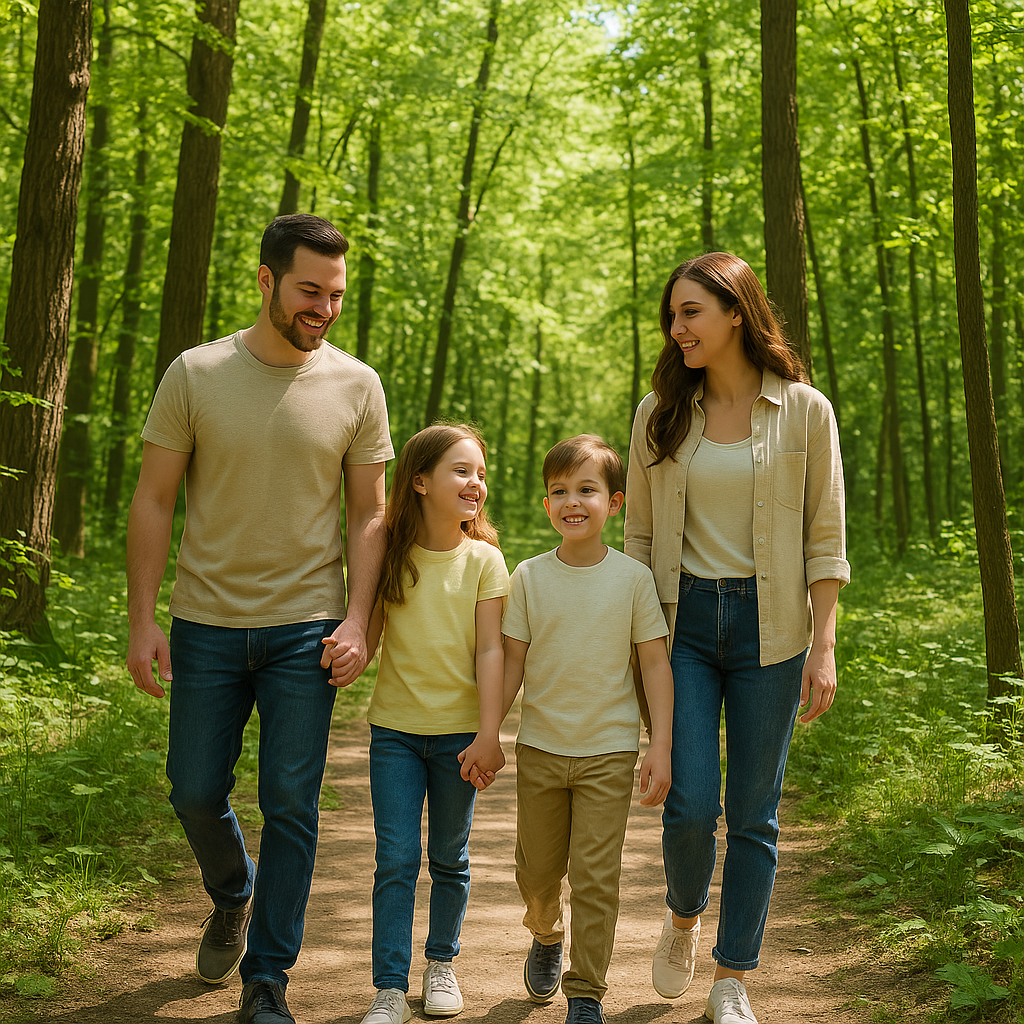 семья гуляет в лесу